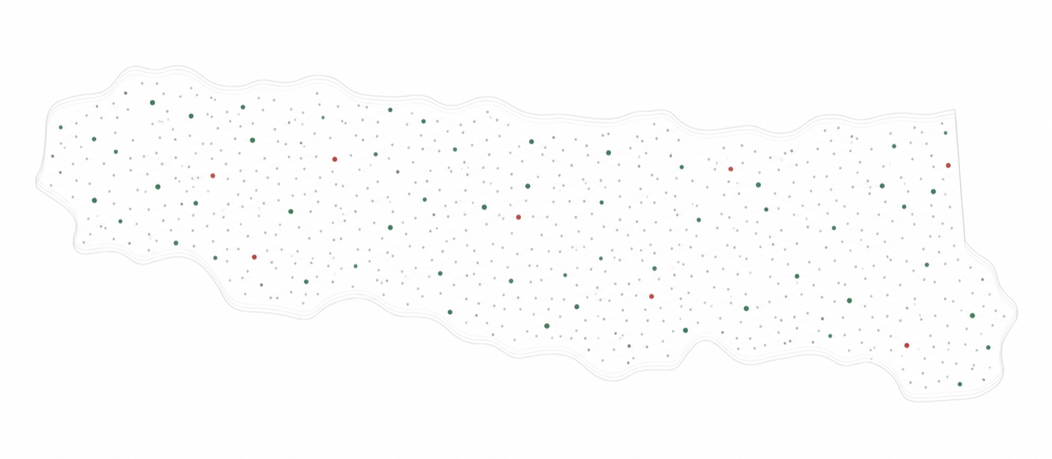 Illustrative single-asset silhouette with a denser population of 500 well points